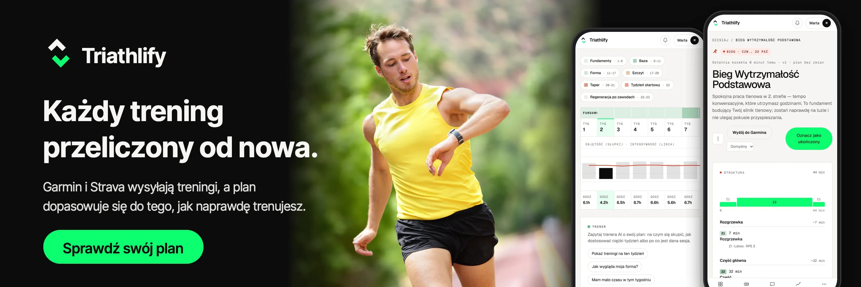 Triathlify: każdy trening przeliczony od nowa. Garmin i Strava wysyłają treningi, a plan dopasowuje się do Ciebie.